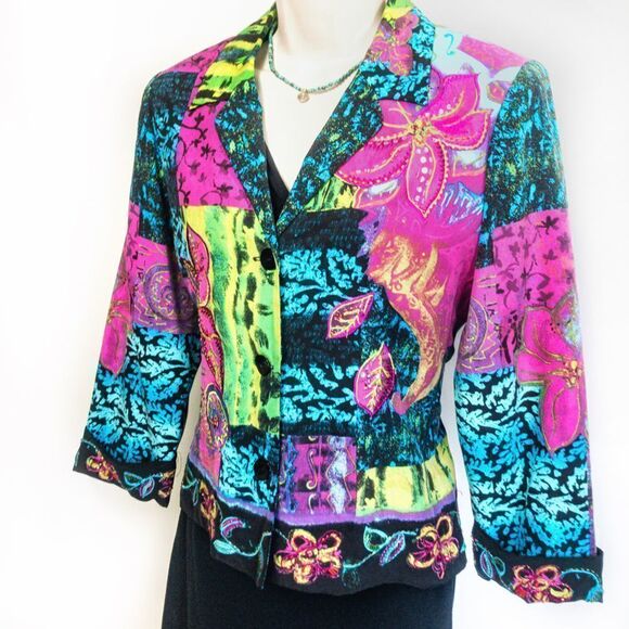 Vintage Batik Silk Embellished Jacket Nancy Bolen City Girl Sz S - Picture 2 of 13